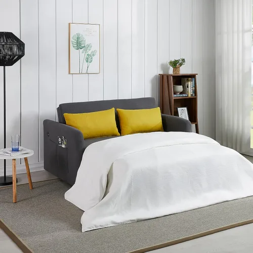 Vista 14 de Sofá cama convertible de terciopelo con respaldo ajustable y enchufe USB, sofá cama extraíble multiposición tamaño individual con 2 almohadas