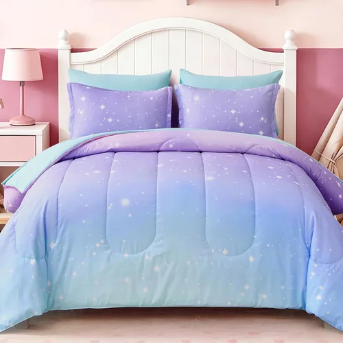 Vista 13 de Dinjoy Juego de edredón de 6 piezas para niñas, juego de ropa de cama colorido de arcoíris degradado tamaño individual, cama en una bolsa para niños