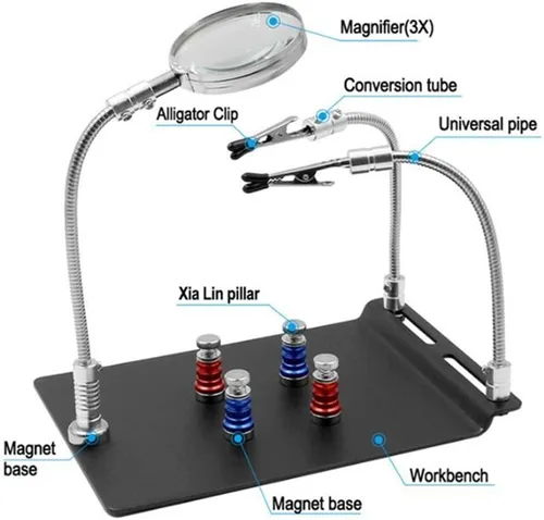 Vista 2 de Herramienta de lupa de soldadura de terceras manos de ayuda, clips de abrazadera de brazos flexibles FEITA con estación de lupa 3X, soporte
