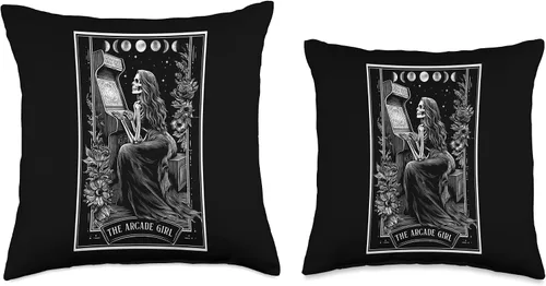 Vista 3 de The Arcade Girl Retro Arcade Gaming 80s Tarot Card Skeleton Throw Pillow
