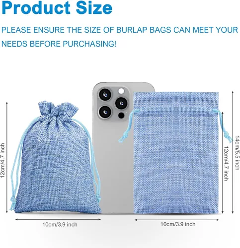 Vista 2 de Naler 24 bolsas de arpillera de 3.9 x 5.5 pulgadas con cordones, bolsas de regalo de lino, bolsas de joyería para bodas, recuerdos de fiesta, Azul