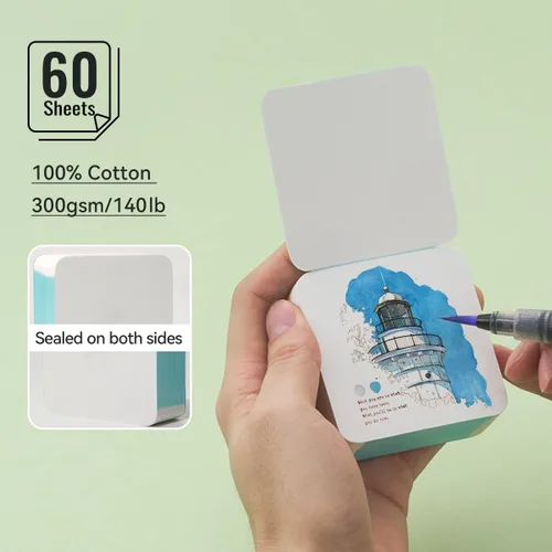 Vista 2 de Lightwish 60 Hojas Mini Cuaderno de Bocetos de Acuarela 2.6 * 2.6'' Prensado en Frío 300gsm/140lb, Cuaderno de Pintura Cuadrado Portátil Desgarrable