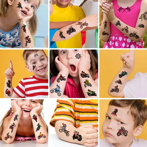 Vista 5 de 8 hojas de calcomanías temporales de tatuajes para motocross, suministros de fiesta de cumpleaños de motocross, decoraciones de fiesta