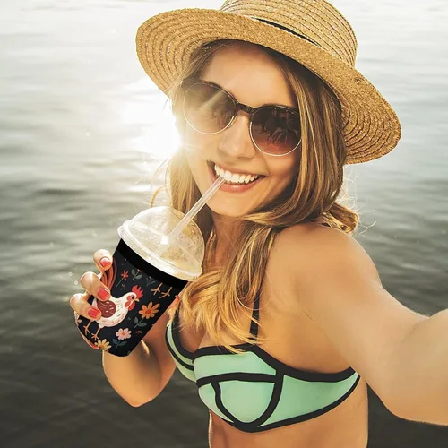 Vista 6 de Cute Rooster Chickens Reusable Insulated Neoprene Iced Coffee Cup Sleeves 3 Sizes Diving Material Cup Durable Beverage Covers for Cold Coffee Tea