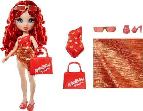 Vista 2 de Rainbow High Swim & Style Ruby, muñeca de moda roja de 11 pulgadas con envoltura brillante para peinar de más de 10 formas, traje de baño removible