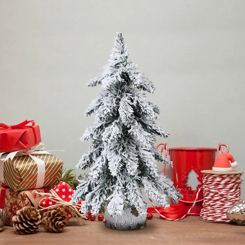 Vista 9 de Prelit - Mini árbol de Navidad artificial, árbol de Navidad de mesa flocado de 18 pulgadas con luces y base de madera, pino de Navidad