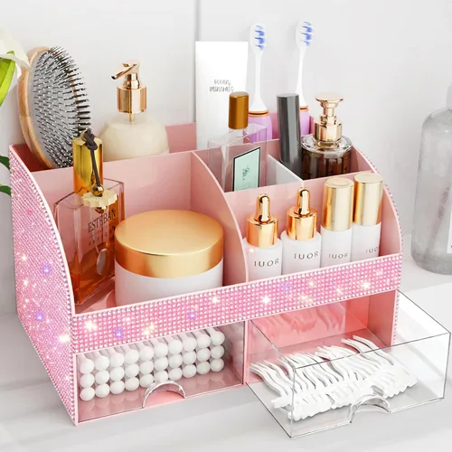 Vista 13 de Organizador de maquillaje con cajones, almacenamiento de cosméticos para tocador y encimera de baño, soporte de belleza para lápiz labial y brochas