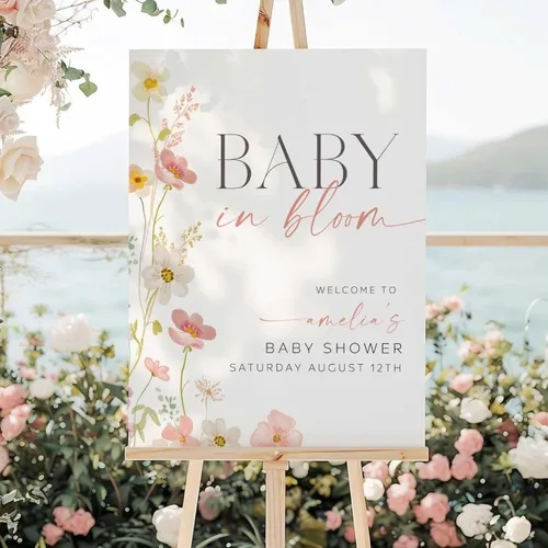 Vista 19 de Letrero de bienvenida personalizado de flores silvestres para baby shower, letrero floral bohemio para baby shower, letrero con nombre personalizado