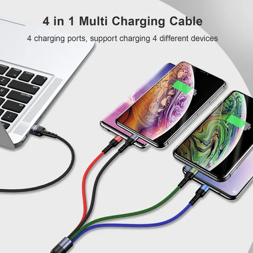 Vista 3 de USAMS - Paquete de 2 cables de carga múltiple de nailon trenzado, 4 pies, 4 en 1, cable de carga USB con teléfono/tipo C/conector micro USB