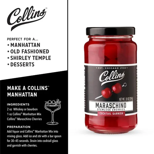 Vista 3 de Collins Cerezas Marrasquino Sin Tallo, Guarnición para Cócteles, Postres, Manhattan y Old Fashioned, Cerezas Gourmet para Picar para Casa y Bar, 10