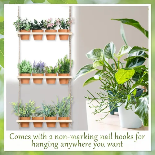 Vista 4 de FillTouch Macetas colgantes de hierbas de 3 niveles para colgar en la pared de jardín de hierbas con 12 piezas de maceta vertical de madera