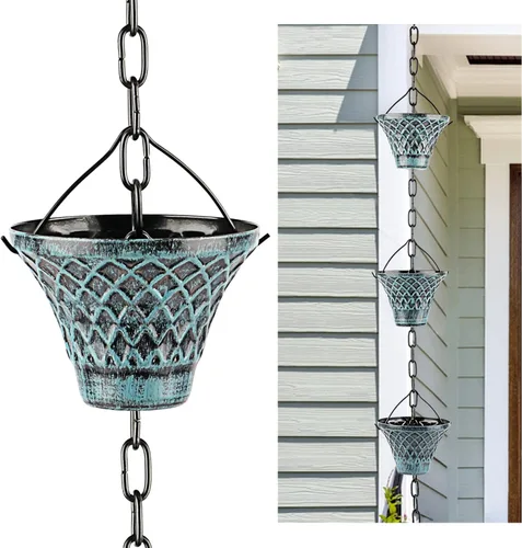 Vista 9 de Cadenas de lluvia para canaletas exteriores, atrapadores de lluvia, desviador de metal azul a cuadros decorativos para exteriores, 8.5 pies