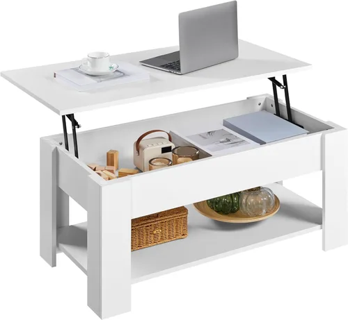 Vista 18 de Yaheetech Mesa de café de madera, mesa de centro con estante de almacenamiento oculto grande, mesa de comedor con superficie elevada para sala