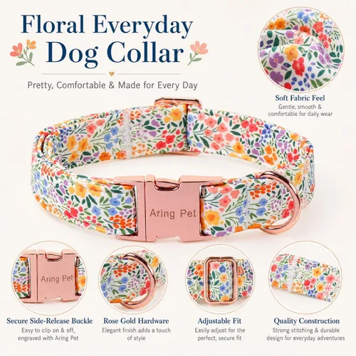 Vista 170 de Aring Pet Collar de algodón, ligero y ajustable, con hebilla de liberación rápida, para perros pequeños, medianos y grandes, para cachorros, S, Hoja