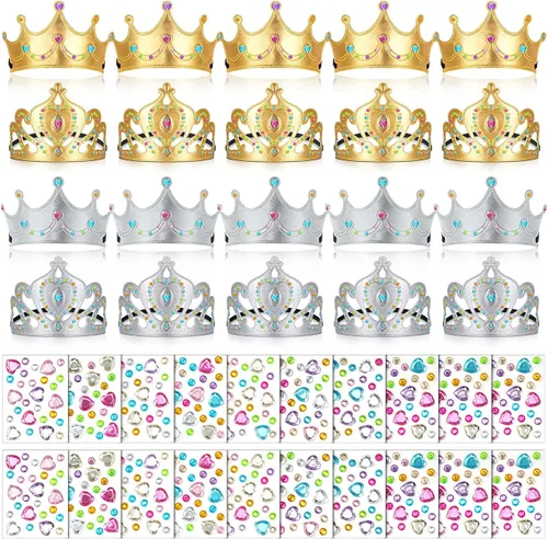 Vista 11 de Yaomiao 44 coronas de espuma de cumpleaños para niños, tiaras de princesa, sombrero de rey, kits de calcomanías de diamantes a granel