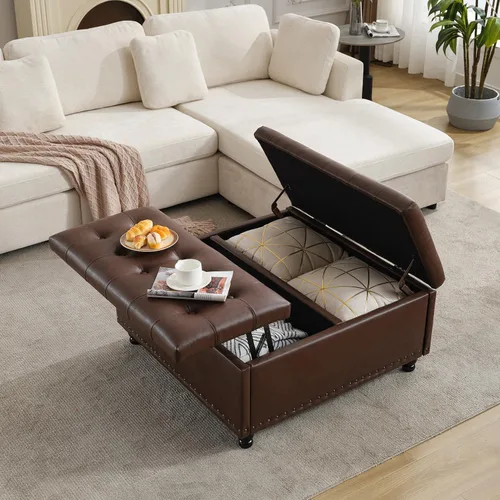 Vista 6 de Tbfit Otomana cuadrada de almacenamiento de 35.5 pulgadas con parte superior elevable, mesa de centro tapizada y banco capitoné, caja de juguetes