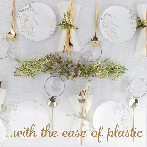 Vista 6 de Plasticpro - Platos de fiesta con diseño floral de plástico blanco con borde dorado, platos desechables pesados, elegantes y de alta calidad