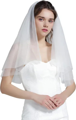 Vista 2 de BEAAUTELICATE Wedding Bridal Veil with Comb 2 Tier Cut Edge With Comb Elbow Fingertip Length