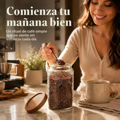 Vista 3 de ComSaf Tarro de café de vidrio con tapa de madera de acacia de 34 onzas