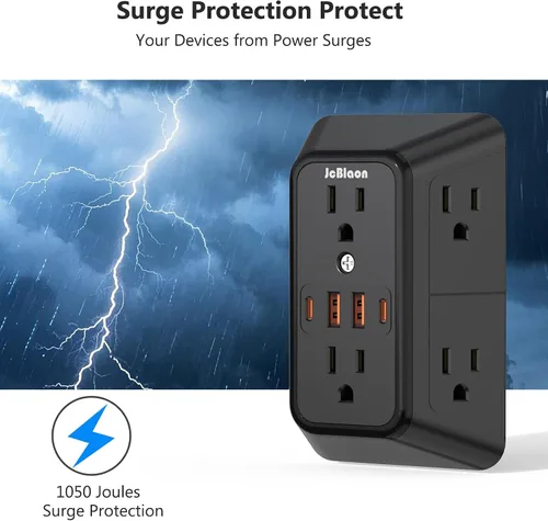 Vista 6 de Regleta de pared con cargador USB, protector contra sobretensiones con 4 puertos USB (2 USB C), extensión de enchufe, múltiples salidas, extensión