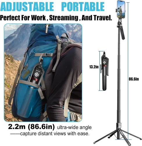 Vista 5 de Soporte extensible de 86 pulgadas con rotación de 360° para selfie y trípode con control remoto inalámbrico Bluetooth dual y 2 luces LED de relleno
