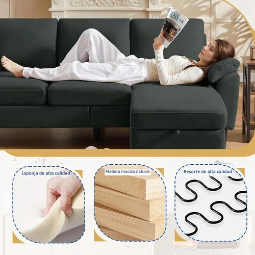 Vista 3 de Sofá modular convertible de 80 pulgadas, sofá pequeño en forma de L de 3 asientos con diván de almacenamiento reversible, sofá moderno de tela