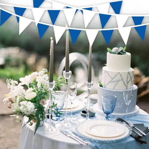 Vista 4 de Banderín triangular de 100 pies, color azul y blanco, 60 unidades Blue white triangle bunting for birthday, wedding, garden, outdoor hanging.