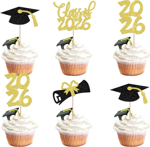 Vista 32 de 24 piezas 2026 temáticas de graduación 2026 decoraciones para cupcakes con purpurina clase de 2026 Diploma Congrats 2026 Tapa de graduación