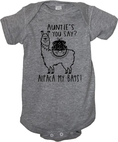 Vista 2 de It's Your Day Clothing Auntie's You Say Alpaca My Bags Baby Boy Girls Ropa de Llama Divertido Anuncio Ducha Body Mameluco