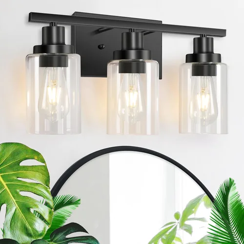 Vista 7 de Accesorios de iluminación de tocador de 3 luces, apliques de pared de baño en cromo pulido, luces de pared modernas con pantallas de vidrio