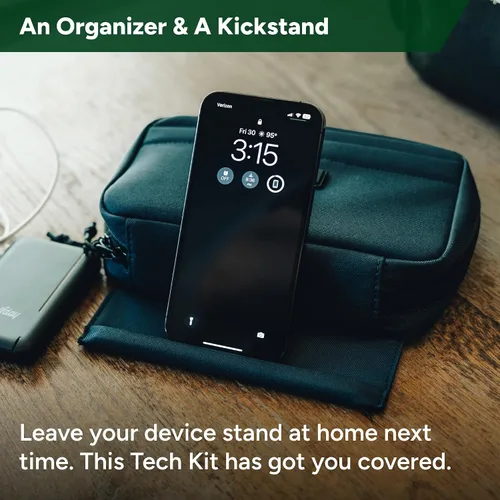 Vista 2 de Halfday Sidekick Tech - Kit organizador Soporte abatible para teléfono/tableta, bolsa con cremallera plana con Power Mesh y elástico para cable