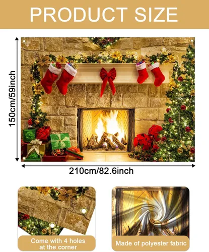 Vista 5 de Mocsicka Telón de fondo de chimenea de Navidad de 7 x 5 pies, caja de regalo de árbol de Navidad, botas rojas, fondo adornado, fondo de fotografía