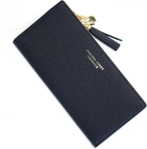 Vista 2 de Sumgogo - billetera delgada para mujer, con borlas largas, cierre zipper, monedero, bolso de mano, tarjetero, Negro, Grande, Minimalista
