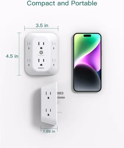 Vista 6 de Paquete de 2 extensores de salida con protector de sobretensión, divisor de tomacorriente, 6 tomas de corriente alterna de pared, adaptador