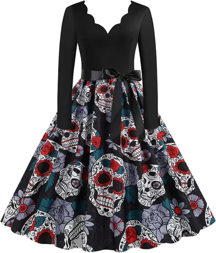 Vista 2 de Disfraces de Halloween para mujer, cuello en V, manga larga, estampado de calavera, vestido de Halloween con cinturón.