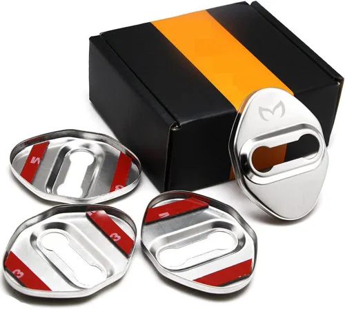 Vista 3 de MAXDOOL Pestillos de bloqueo de puerta de automóvil de acero inoxidable Protector para Mazda 3, 6, Miata MX-5 CX-3, CX-5, CX-9, respaldo adhesivo 3M
