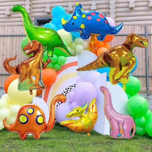 Vista 5 de 7 globos de aluminio de dinosaurio, globos gigantes de helio, globos de cumpleaños de dinosaurio para fiesta temática de dinosaurios de selva