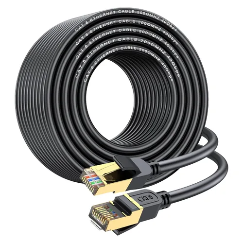 Vista 8 de Cable Ethernet Cat 8, cable de red LAN Cat8 resistente de alta velocidad de 6 pies, 26 AWG, 40 Gbps, 2000 Mhz con conector RJ45 chapado en oro