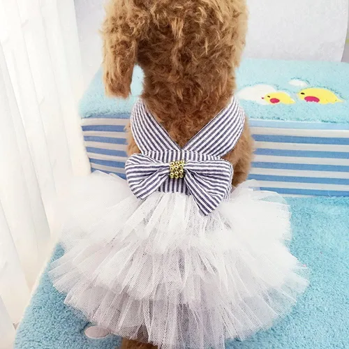 Vista 10 de Vestidos para Perros, Ropa de Mascota a la Moda, Vestidos de Princesa para Cachorros con Rayas y Malla (Azul, XS)