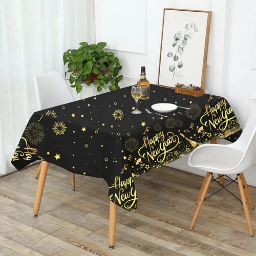 Vista 5 de HOWAF Paquete de 3 manteles de decoración de fiesta de Año Nuevo, mantel de feliz año nuevo negro y dorado para suministros de fiesta de Noticias