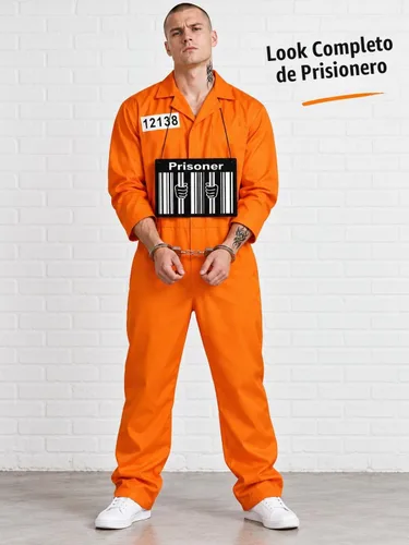 Vista 2 de HOMELEX Disfraz de prisión naranja para hombre, disfraz de recluso de Halloween, uniforme de cárcel para adultos