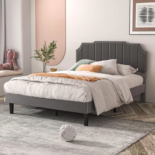 Vista 3 de VECELO Base de cama tamaño Queen tapizada con cabecera ajustable copetuda/base de colchón con soporte de listones de madera, fácil montaje, gris