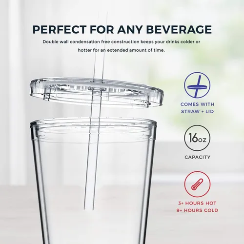 Vista 6 de Maars - Vaso transparente clásico con tapa y pajilla, acrílico prémium de 16 onzas, vasos reutilizables de plástico de doble pared con aislamiento