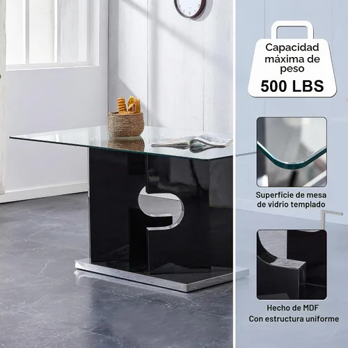 Vista 6 de Juego de 4 mesas de comedor de cristal, juego de mesa de comedor de Mesa negra+silla negra