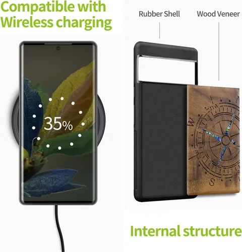 Vista 5 de Carveit Funda de madera de diseñador para Google Pixel 7 Pro [grabado de madera e incrustaciones de carcasa] cubierta de madera única compatible