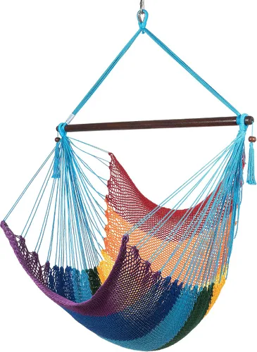 Vista 12 de Larga silla hamaca grande caribeña con reposapiés, 48 pulgadas, poliéster, silla de colgar., Mocha