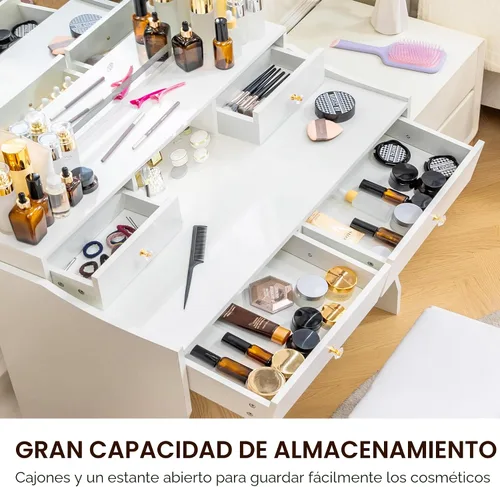 Vista 4 de COMHOMA Escritorio de maquillaje con espejo y luces, juego de mesa de tocador y silla con 5 cajones y estación de carga, tocador de dormitorio