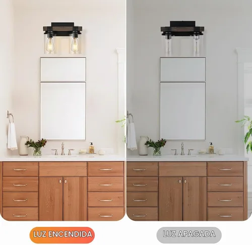 Vista 6 de Lámpara de Baño Estilo Granja de Madera Negra, Iluminación de Tocador de 2 Luces, Aplique de Pared de Madera, Accesorio de Pared Industrial Rústico