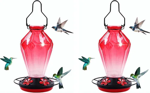 Vista 10 de Paquete de 2 comederos de vidrio para colibríes para colgar al aire libre, alimentador de néctar de colibríes de 25 onzas, perca, 5 puertos