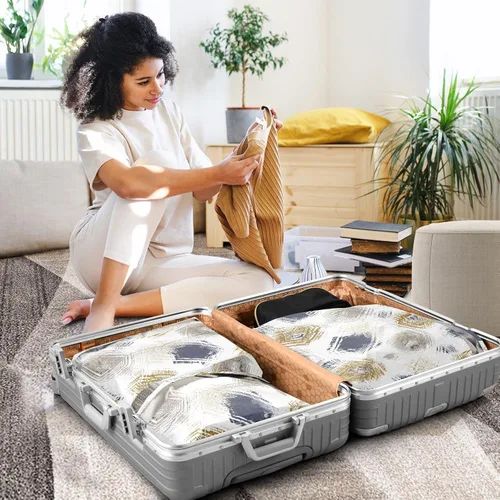 Vista 5 de Bolsa de ropa de almacenamiento de armario, ahorro de espacio de equipaje, falla geométrica, impermeable, 3 juegos de cubos de embalaje de viaje